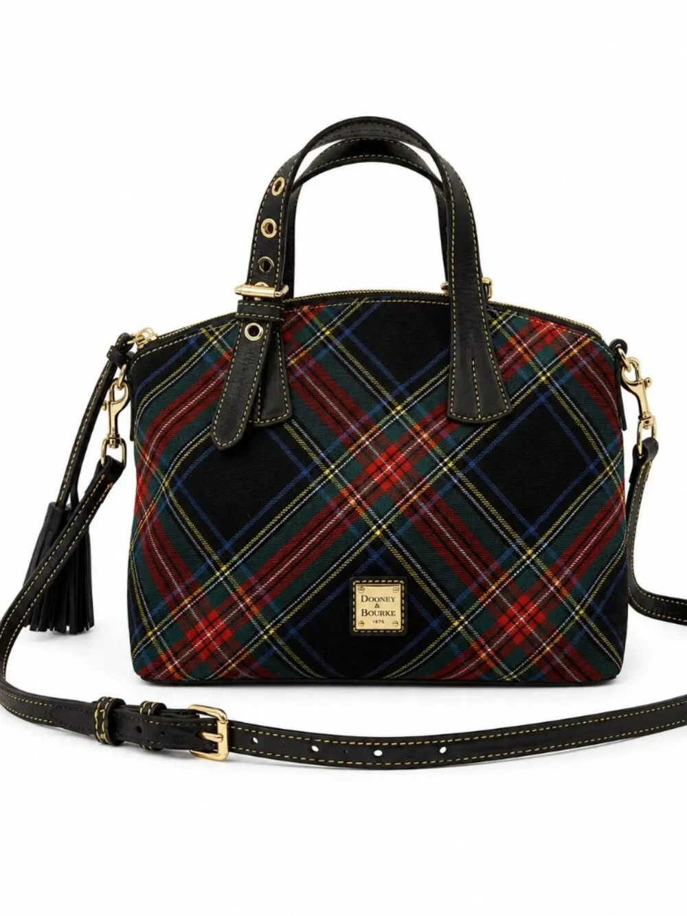 Dooney & Bourke Black Tartan Plaid Large Satchel Purse Crossbody